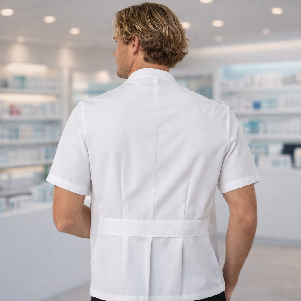 White short sleeve dental pharmacy jacket back with pleated belt