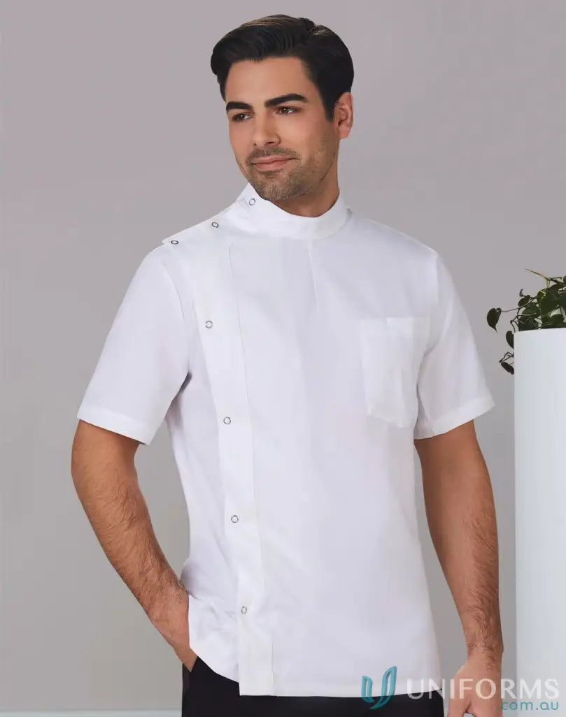 Men’s white short sleeve dental pharmacy jacket with mandarin collar and side buttons