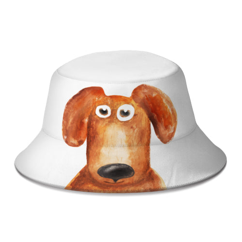 White sublimated bucket hat with cute brown dog watercolor design
