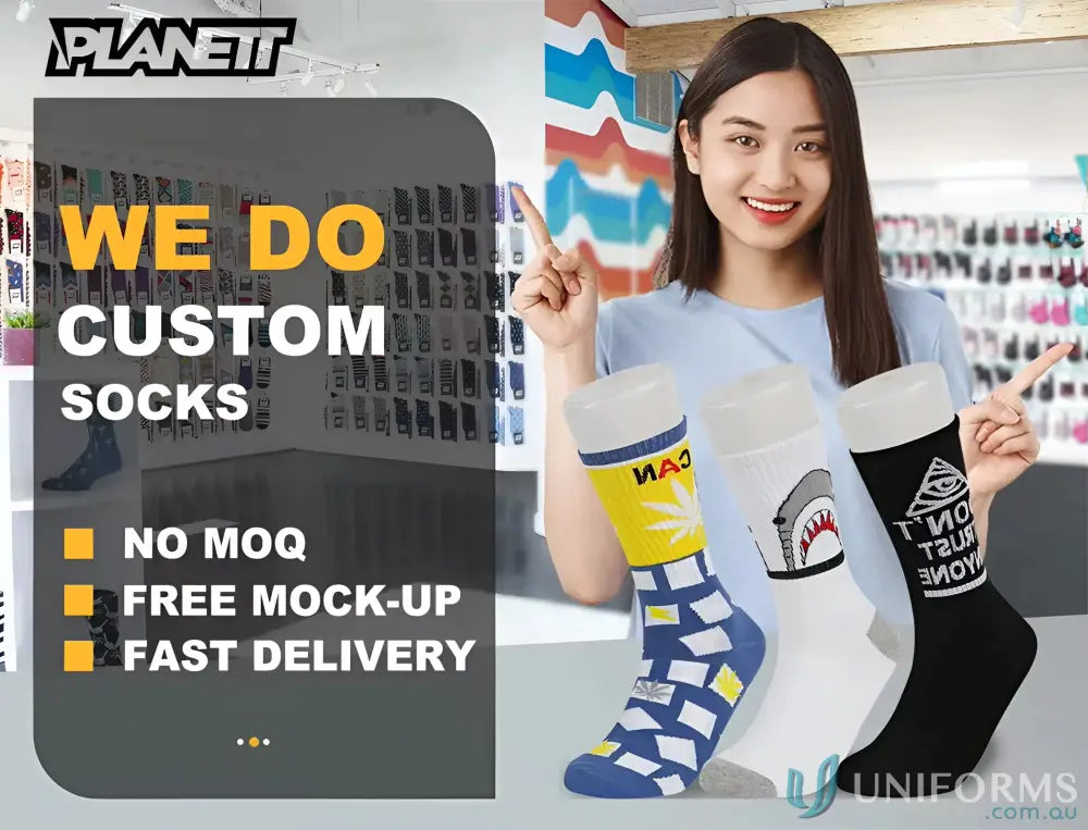Custom sports socks ad showing vibrant sublimated sports socks for your team or event