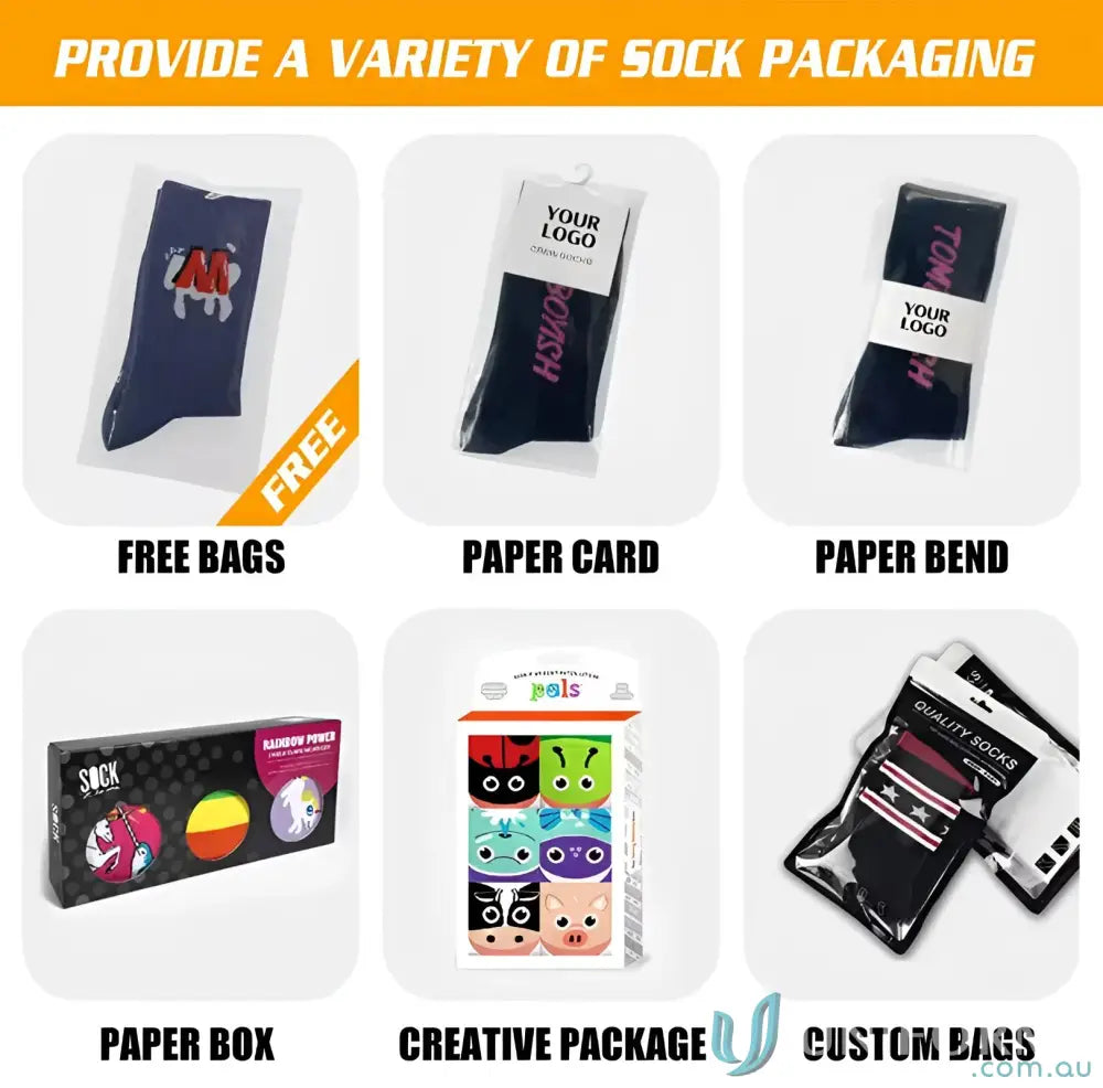 Showcasing various sock packaging options for Sublimated Sports Socks and custom sports socks