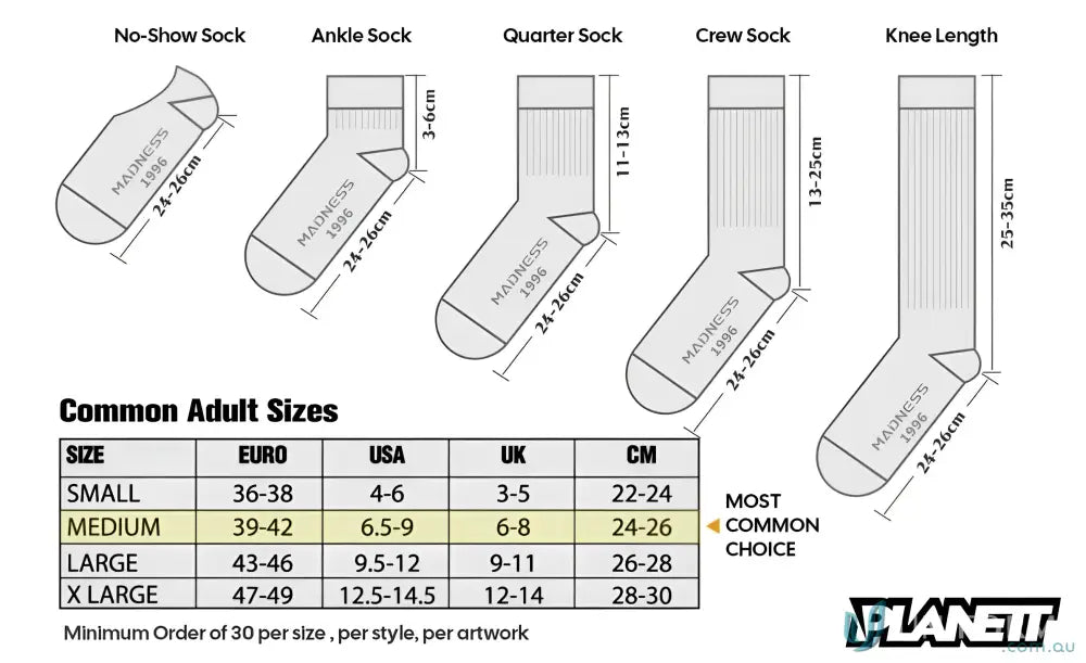Sock size chart for Sublimated Sports Socks showing fit for custom sports socks
