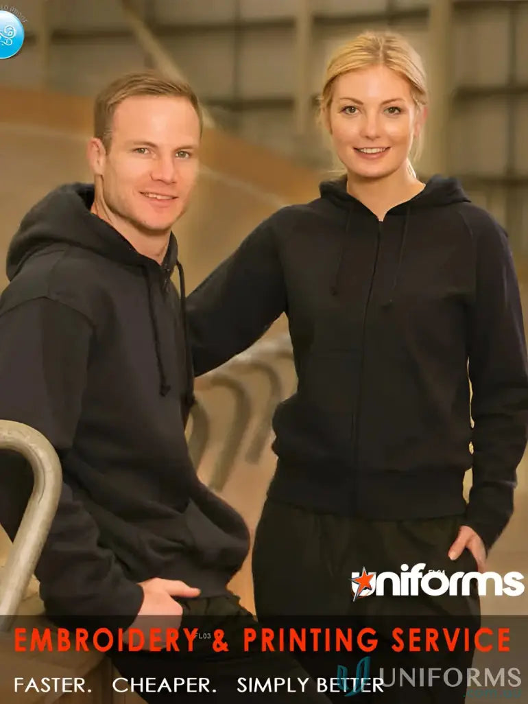 Kids double bay hoodie with two people wearing black hoodies showing their winning spirit