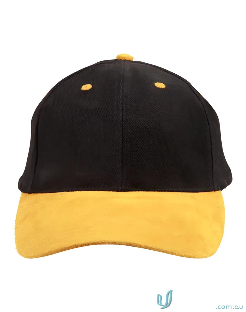 Black and yellow suede peak cap from Winning Spirit Suede collection, perfect for style