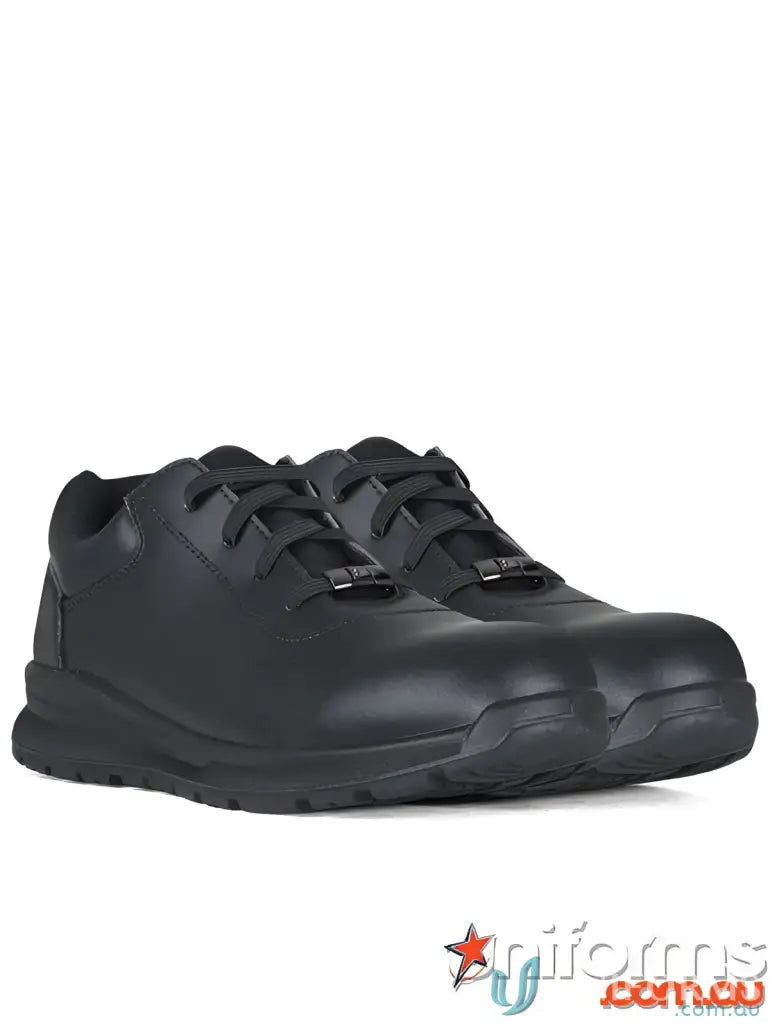 Black leather work shoes with microfibre upper for uniforms and workwear comfort