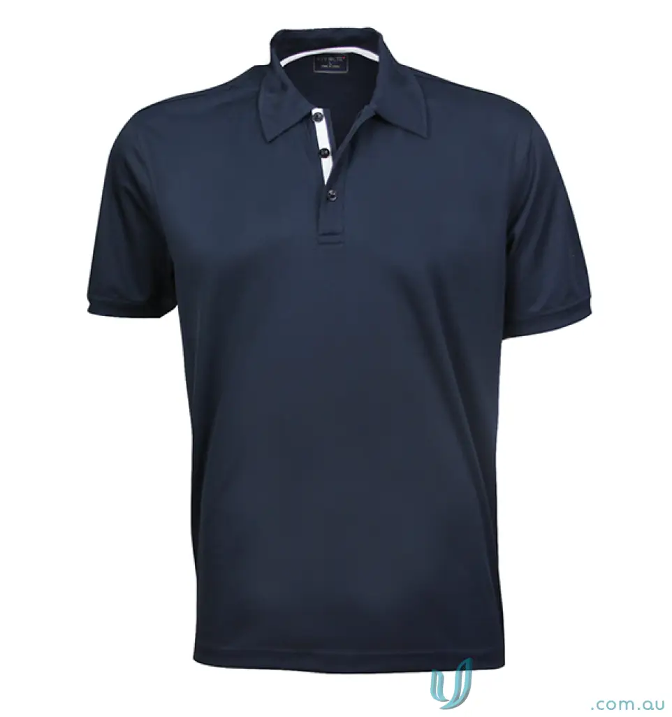 Navy blue SuperDry Polo shirt with white-lined placket and black buttons, perfect for uniforms