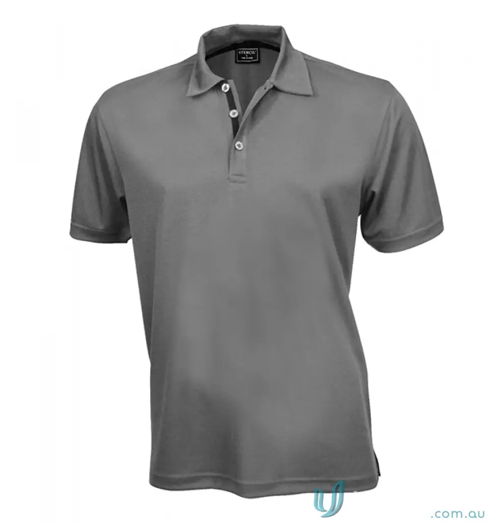 SuperDry Polo shirt in gray with black placket and white buttons, perfect for uniforms