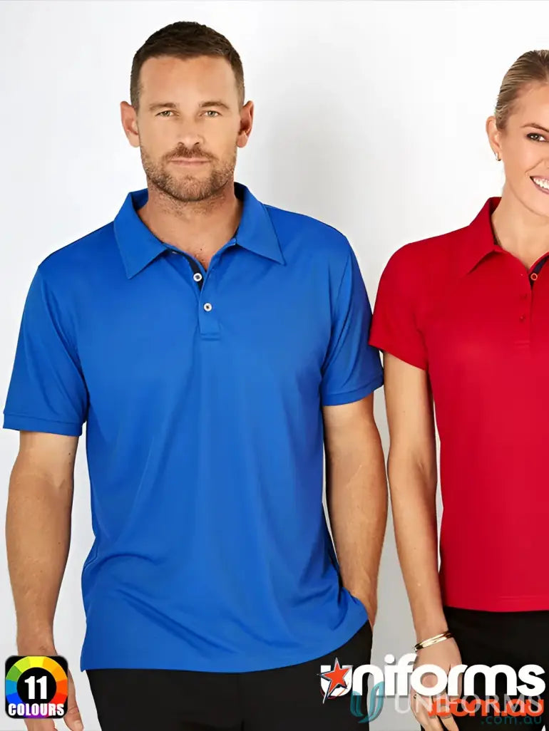 Two models showing Blue and Red SuperDry Polo shirts made from comfy fabric with stylish plackets