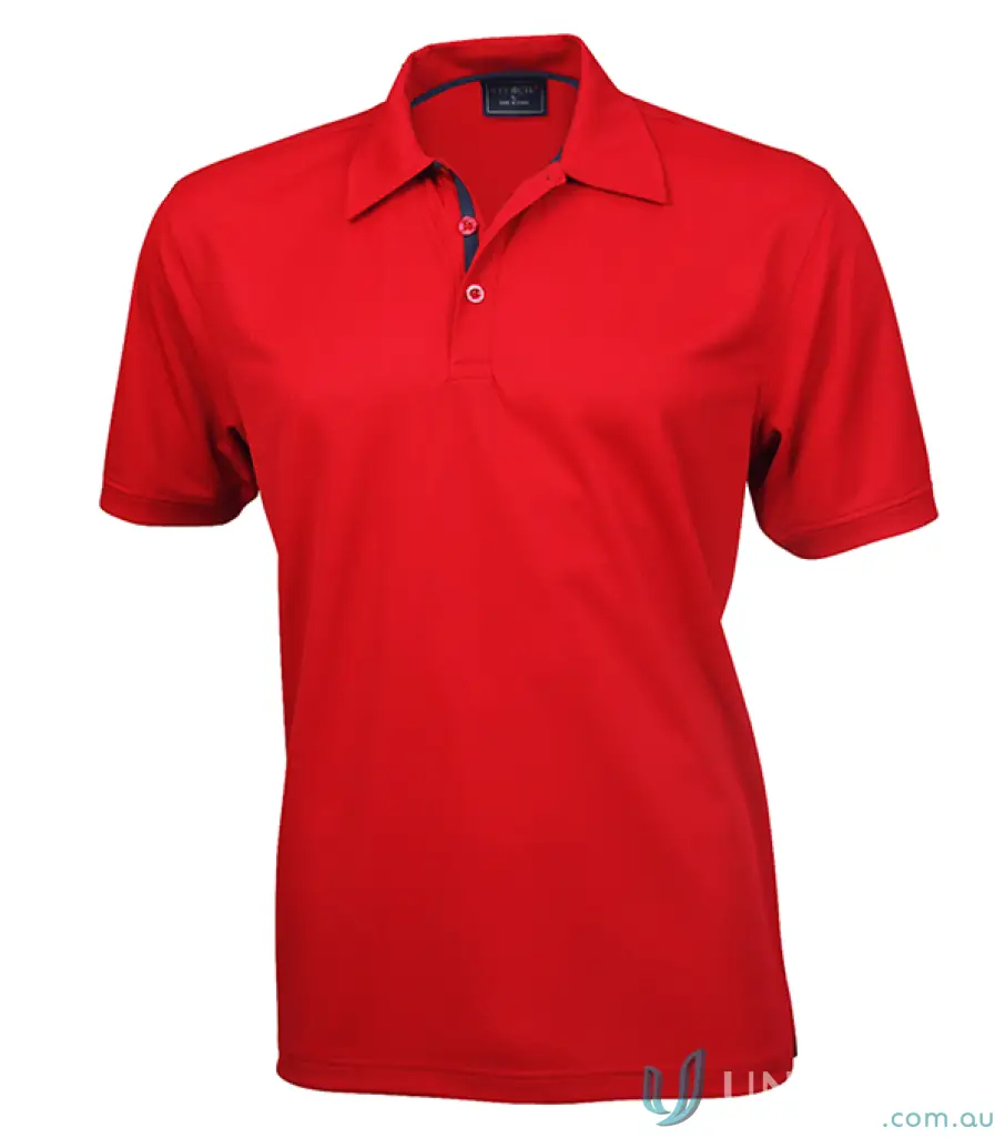 Vibrant red SuperDry Polo shirt with dark blue collar trim and gold buttons, perfect for uniforms