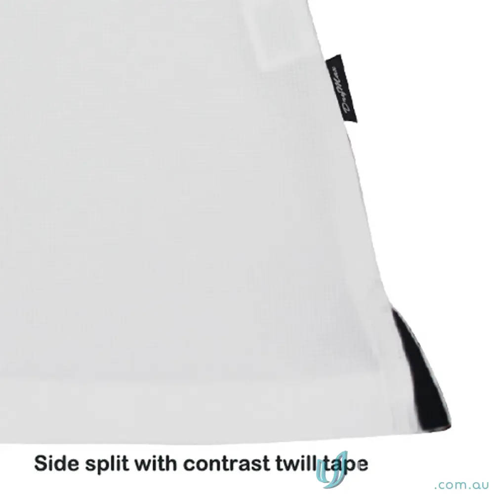 White fabric polo with side split, black contrast trim, perfect for uniforms and casual wear