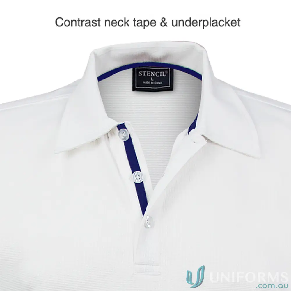 White SuperDry Polo shirt with blue contrast neck tape and placket, perfect for uniforms