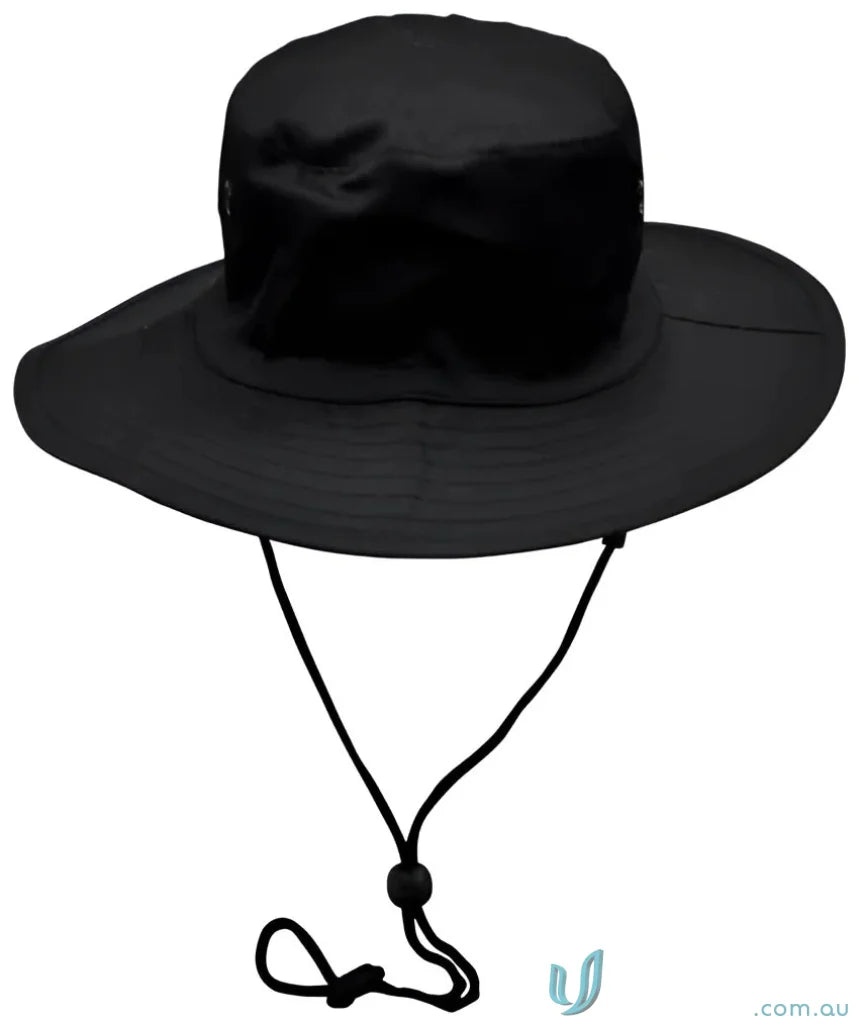 Black h1035 surf hat with break-away strap and chin strap for sun protection