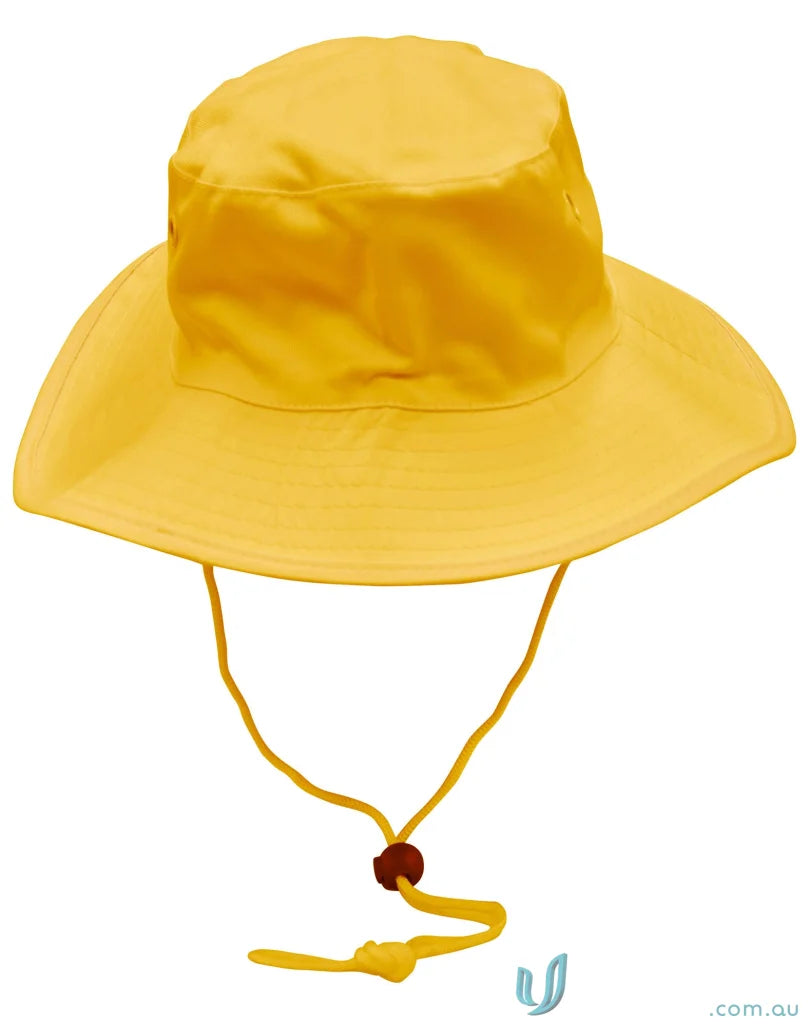 Yellow h1035 surf hat with break-away strap and chin strap for sun protection