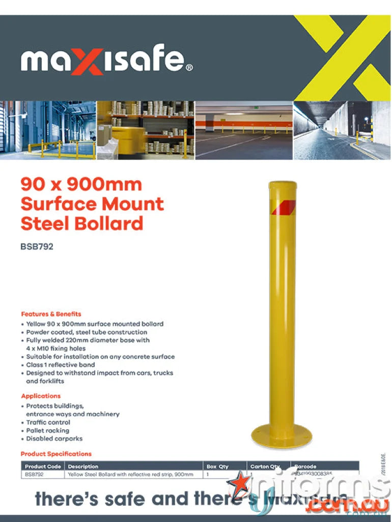 Yellow steel surface mount bollard for safety in work uniforms or workwear areas