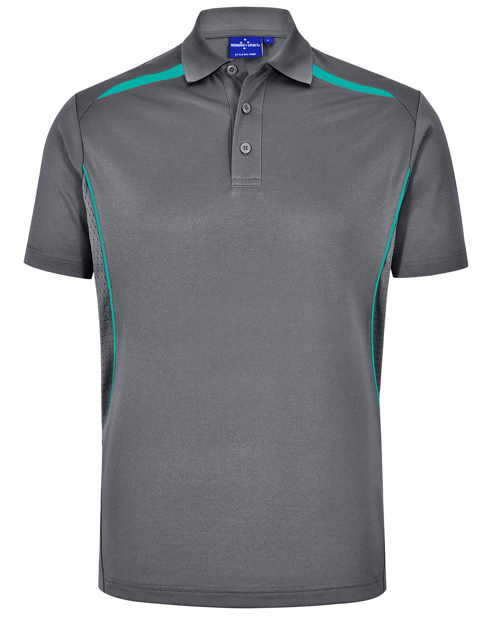 Gray sustainable contrast polo with teal stripes, mesh panels