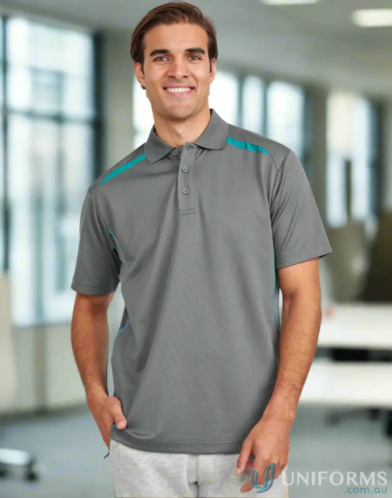 Gray sustainable contrast polo with teal accents, shoulder dart and mesh panels