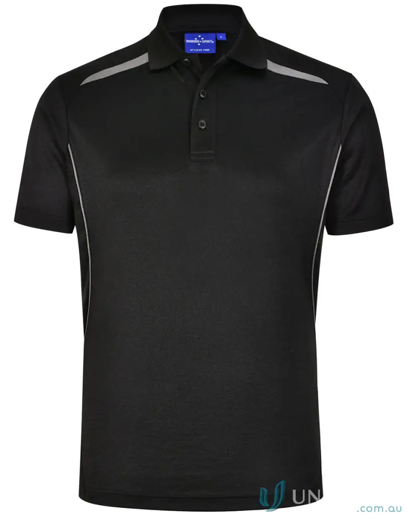 Black sustainable contrast polo with shoulder dart panels and silver accents