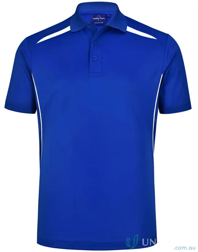 Blue Sustainable Contrast Polo with white accents and shoulder dart panels for outdoor work