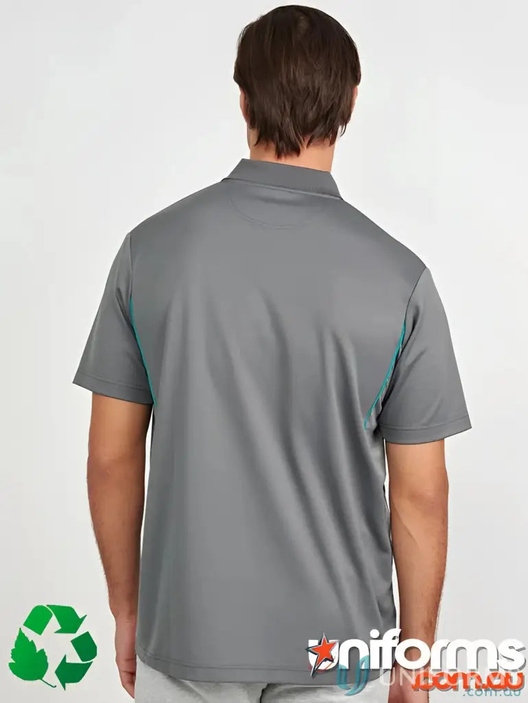 Gray polo shirt with shoulder dart panels from the Sustainable Contrast Polo collection for outdoor work environments