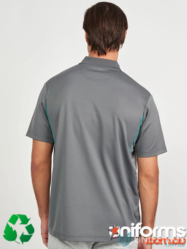 Gray sustainable contrast polo with shoulder dart panels and mesh panels for style