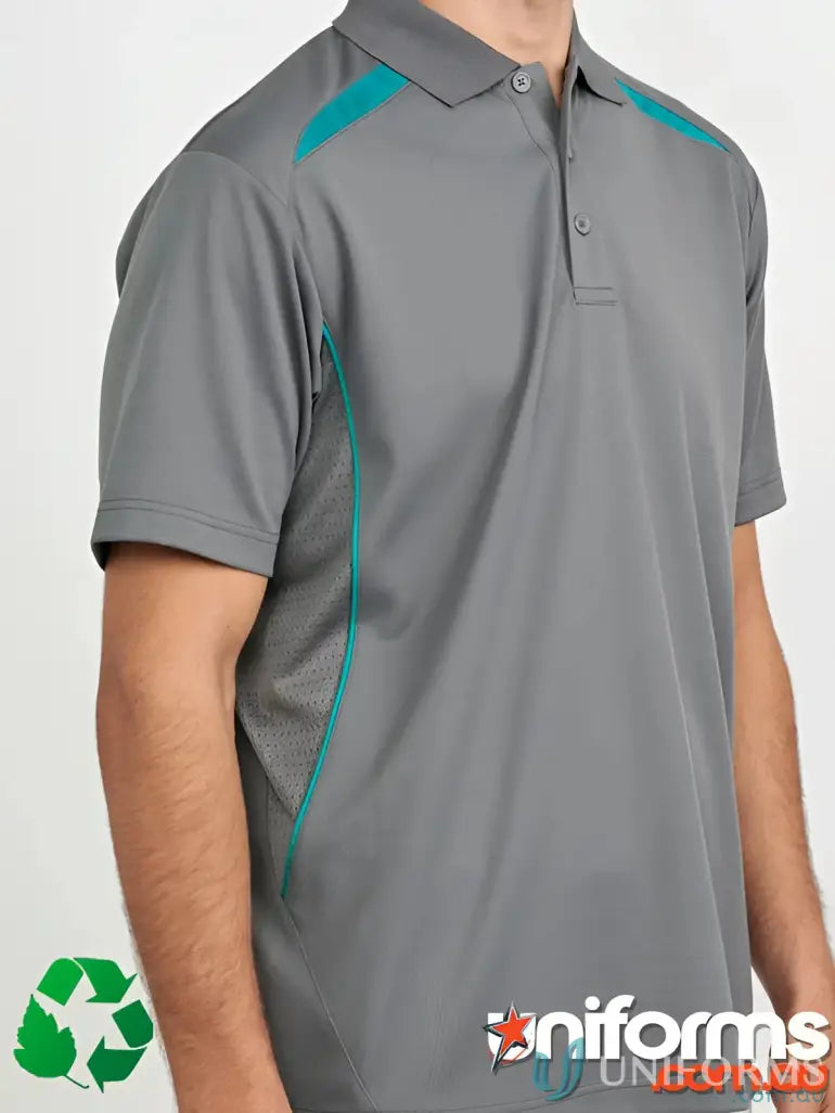 Gray sustainable contrast polo with teal accents and shoulder dart panels for outdoor work