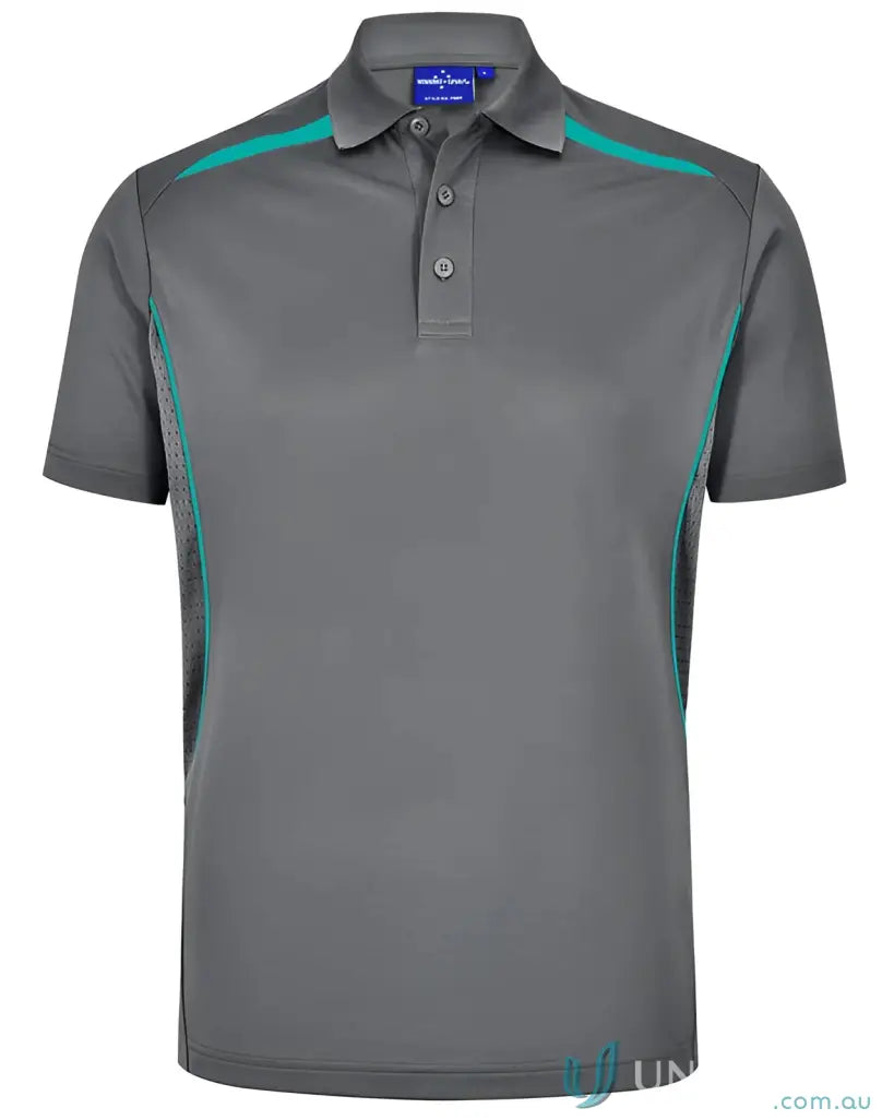 Gray sustainable contrast polo with teal accents and shoulder dart panels for outdoor work