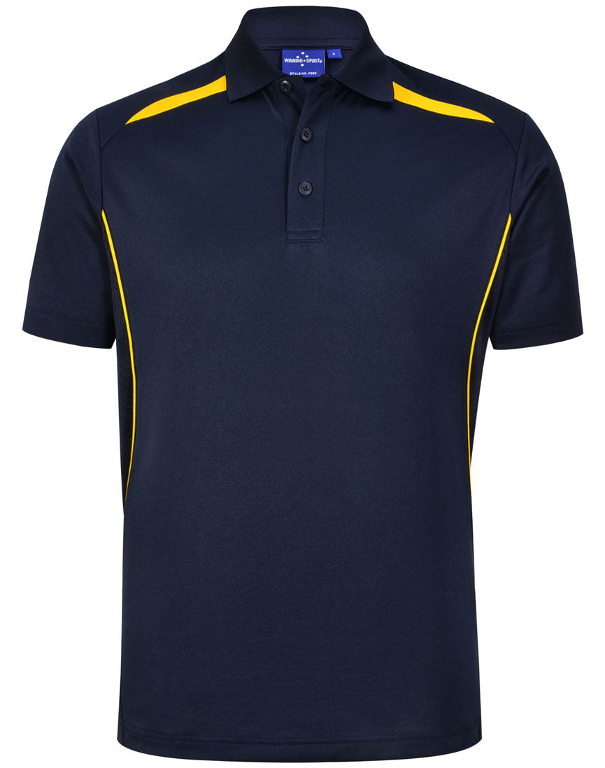 Sustainable contrast polo in navy blue with yellow accents and mesh panels