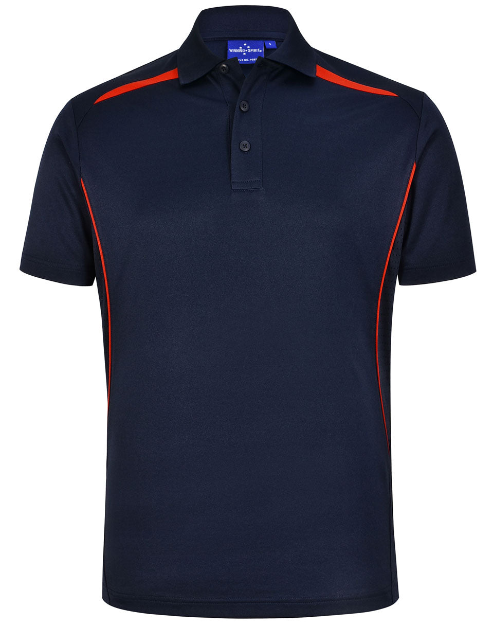 Sustainable contrast polo in navy blue with orange shoulder stitching