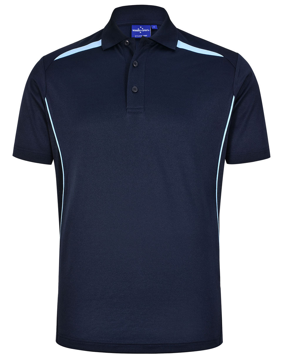 Sustainable contrast polo in dark navy with light blue shoulder stitching