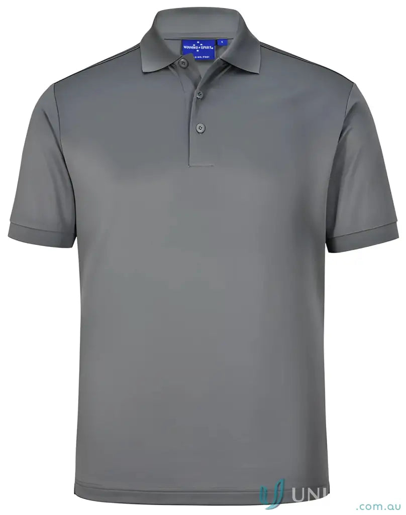 Gray short-sleeved men’s sustainable polo shirt for protection from harmful UV rays