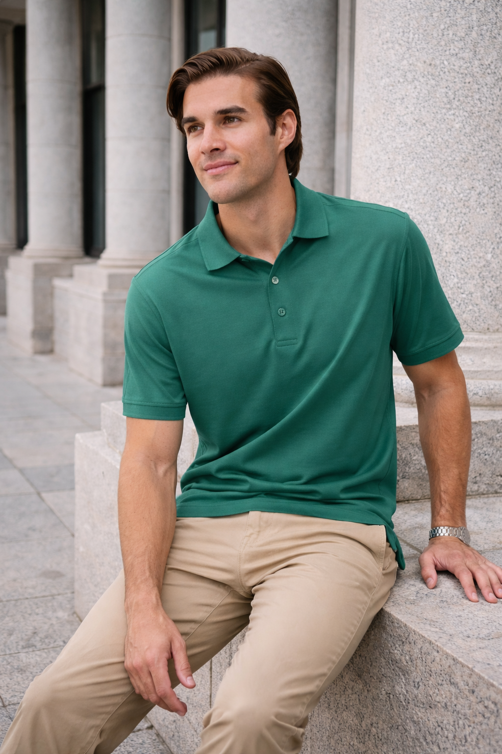 Man in sustainable corporate polo blocks harmful UV rays