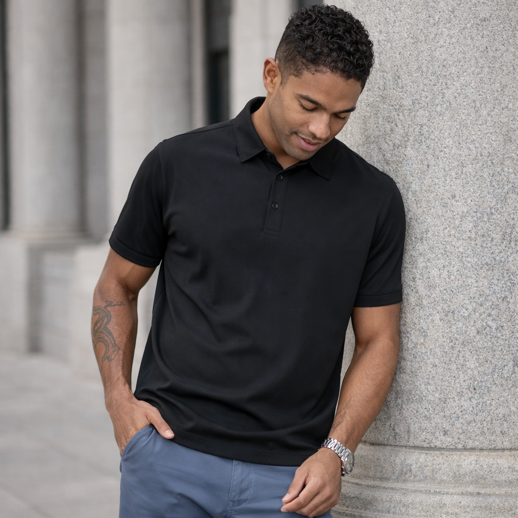 Sustainable jacquard knit polo: black short-sleeve with collar