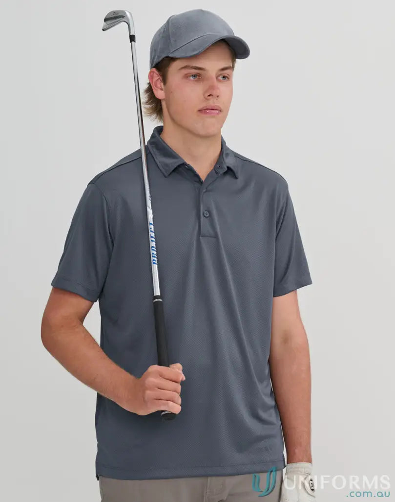 Gray sustainable jacquard knit polo shirt with golf club for corporate teams