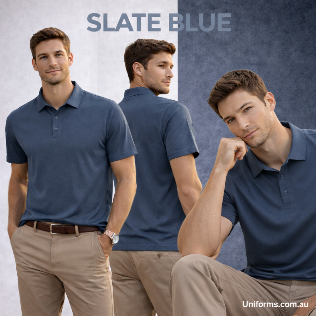 Sustainable jacquard knit polo in slate blue for corporate teams