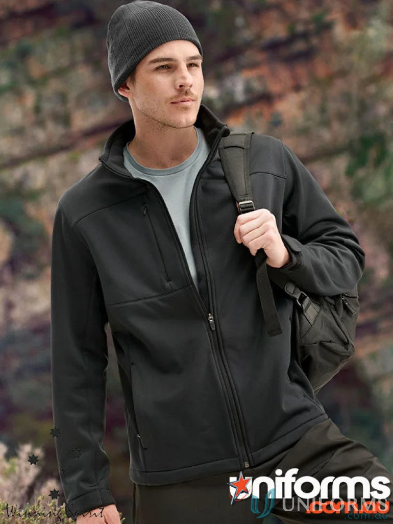 Black sustainable softshell jacket with zip closure and beanie, eco-friendly certified recycled style