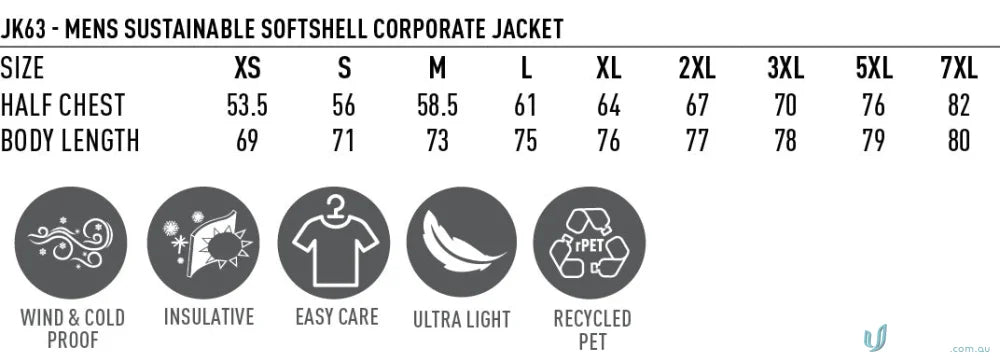 Men’s softshell jacket size chart and features of the Sustainable Softshell Jacket with zip closure softshell and certified recycled fabric