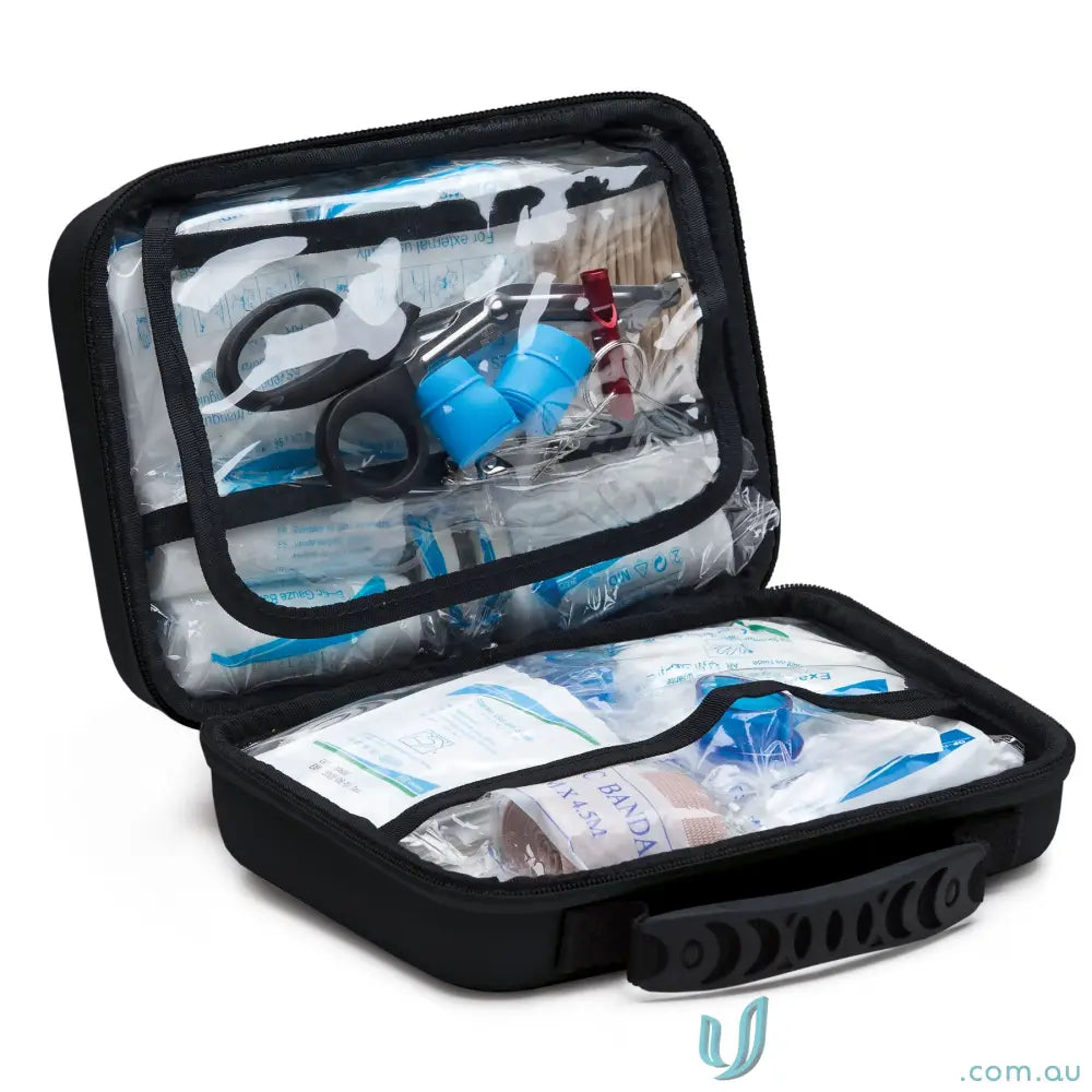 Black zippered SwiftCare aid kit in EVA case with medical supplies, perfect for uniforms