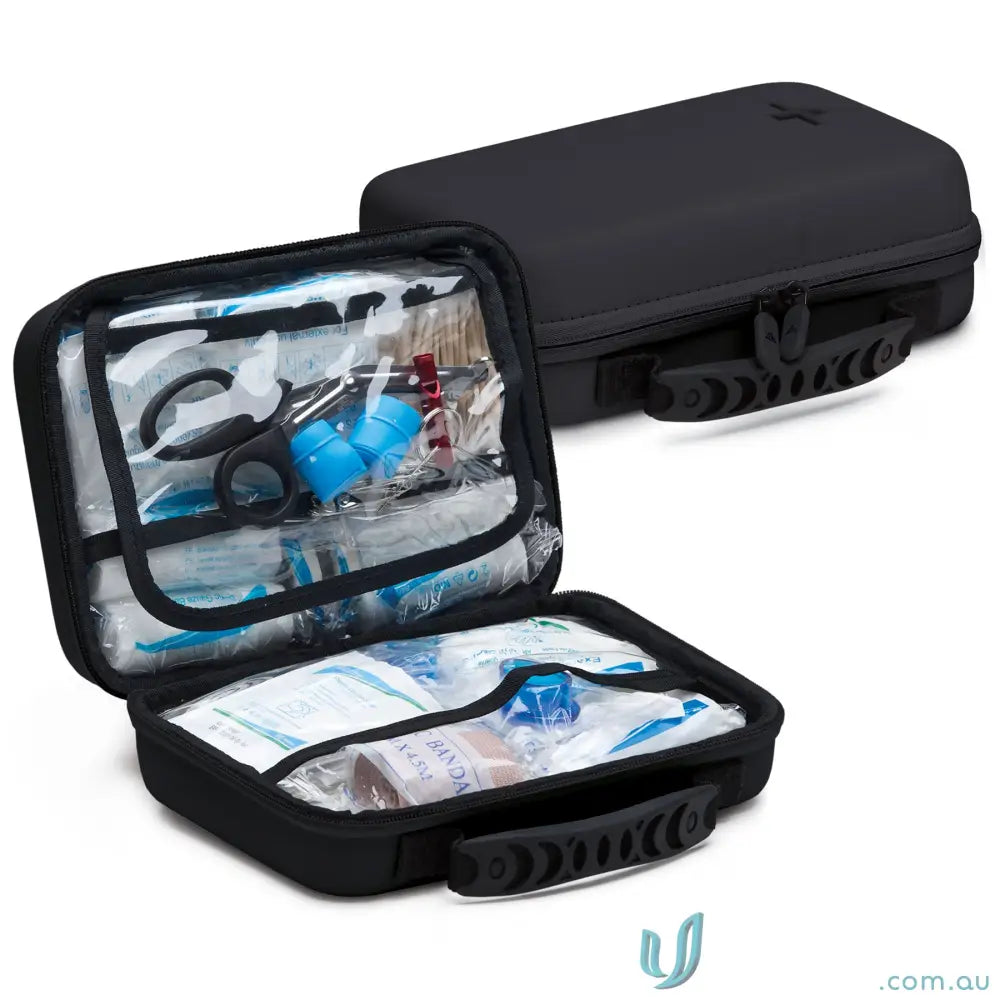 Black SwiftCare 225-Piece Aid Kit in EVA Case with organized supplies and handle