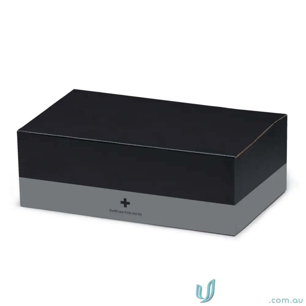 Two-tone black and gray aid kit with white cross logo in EVA case for uniforms