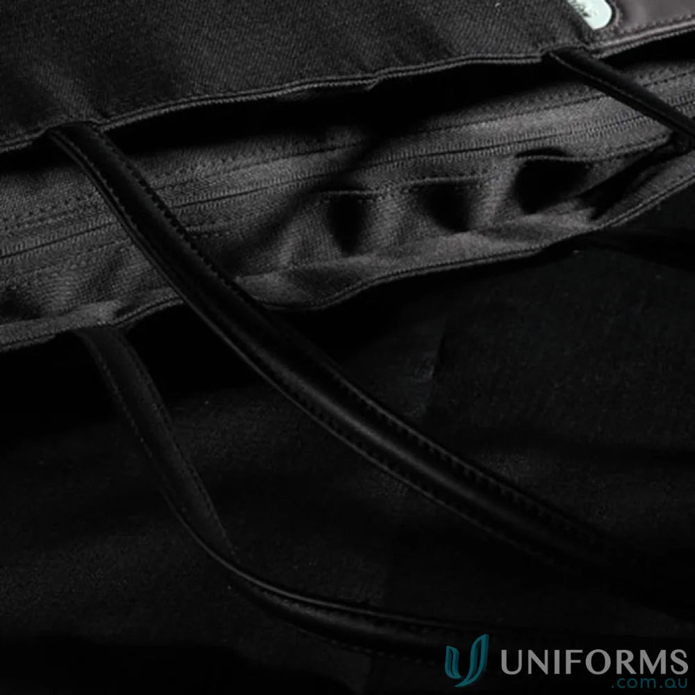 Black leather tote bag from Swissdigital Arosa Tote Bag, perfect for work uniforms