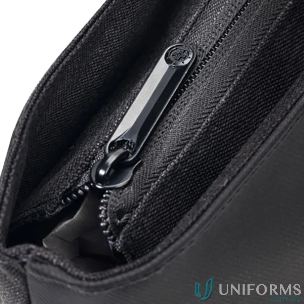Black zipper on fabric of Swissdigital Arosa Tote Bag, perfect for work uniforms