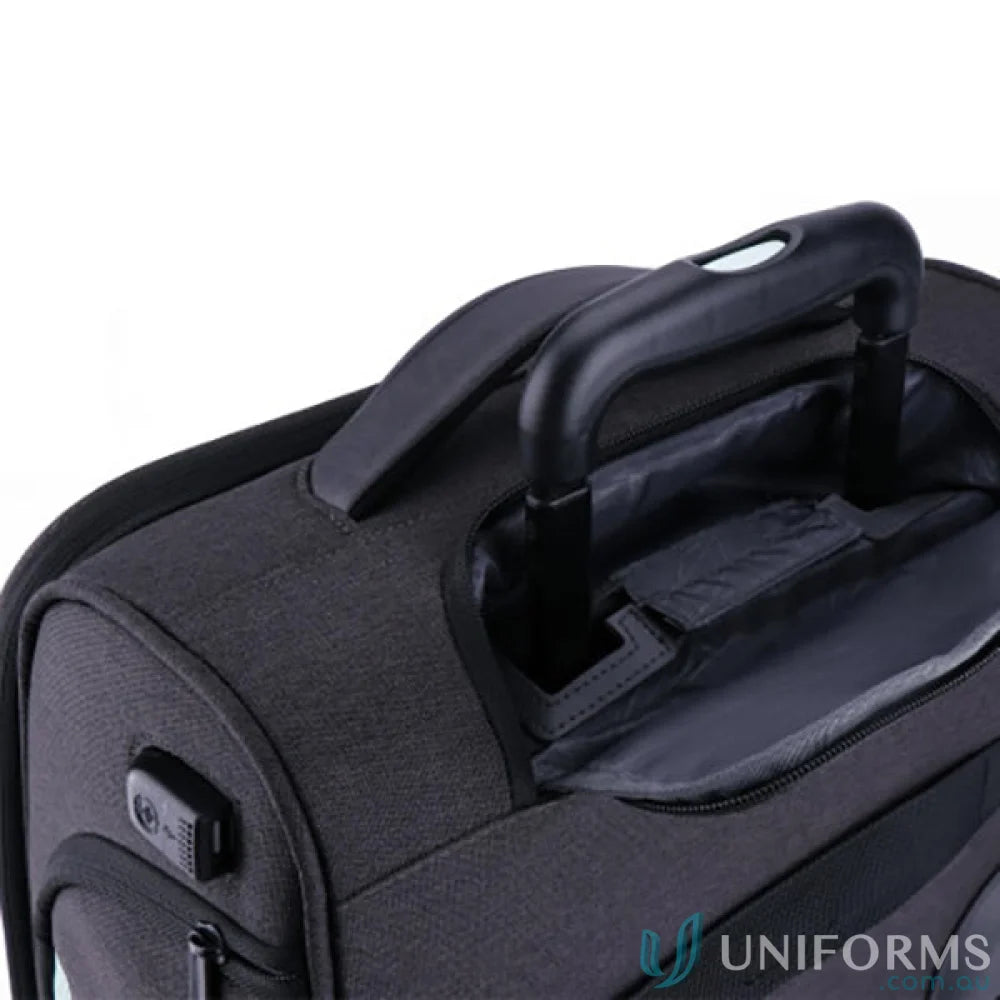 Black rolling suitcase from Swissdigital Arosa Underseat Luggage series