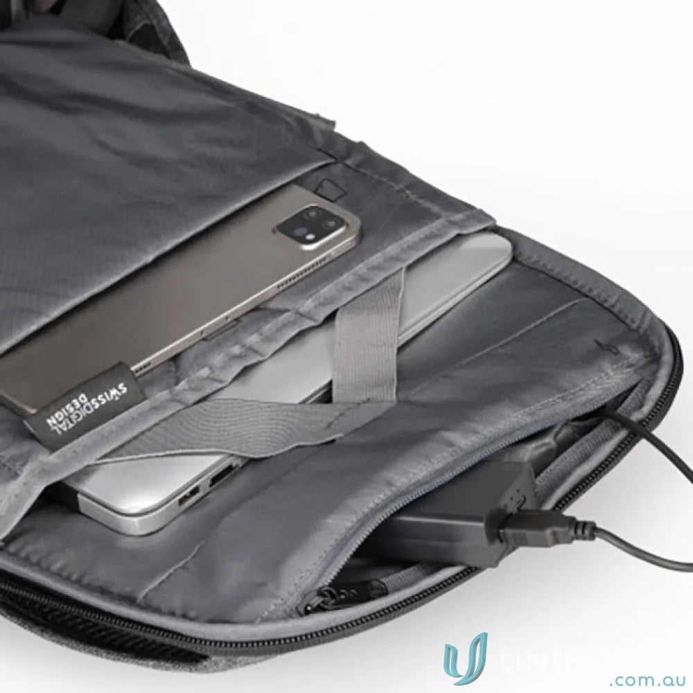 Gray Swissdigital Cosmo 3.0 Backpack interior with padded compartments for electronic devices