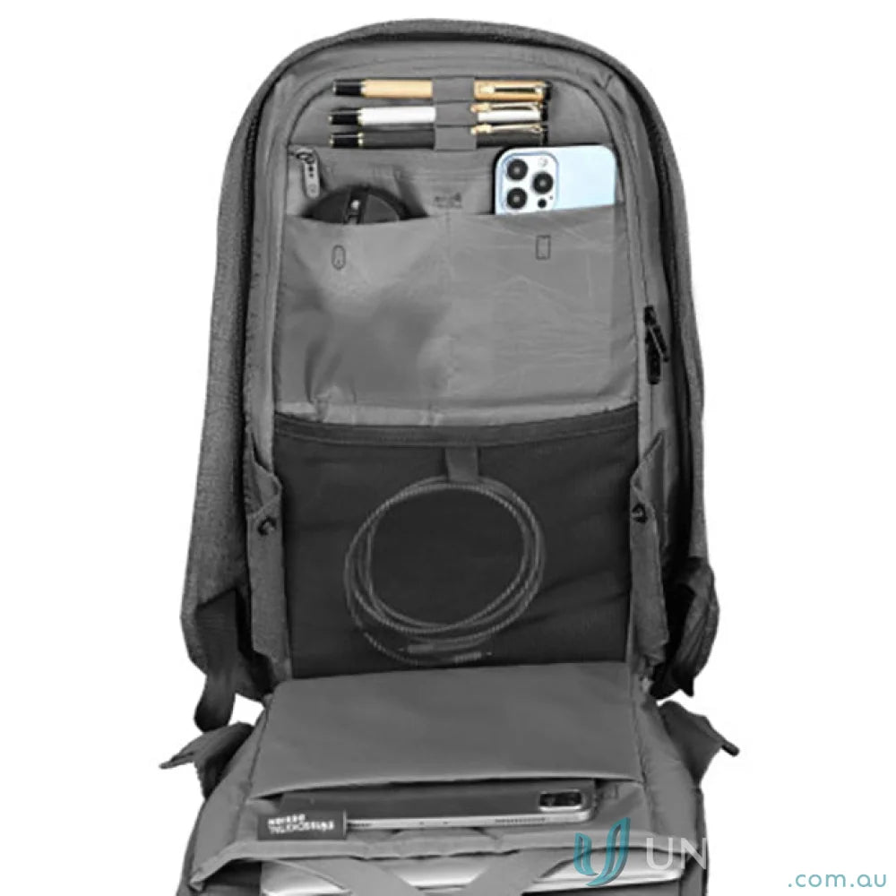 Open gray Swissdigital Cosmo 3.0 backpack with padded compartments for workwear or uniforms