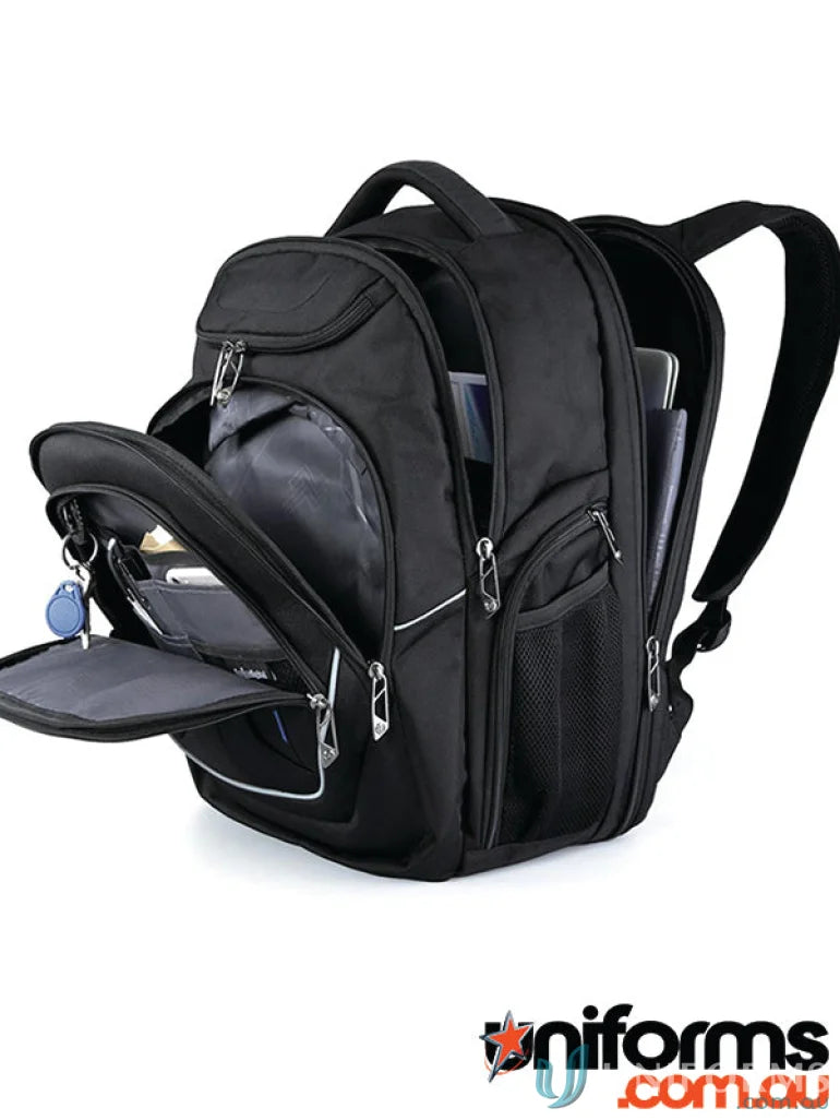 Open black Swissdigital Terabyte Backpack perfect for workwear and fits your uniforms easily