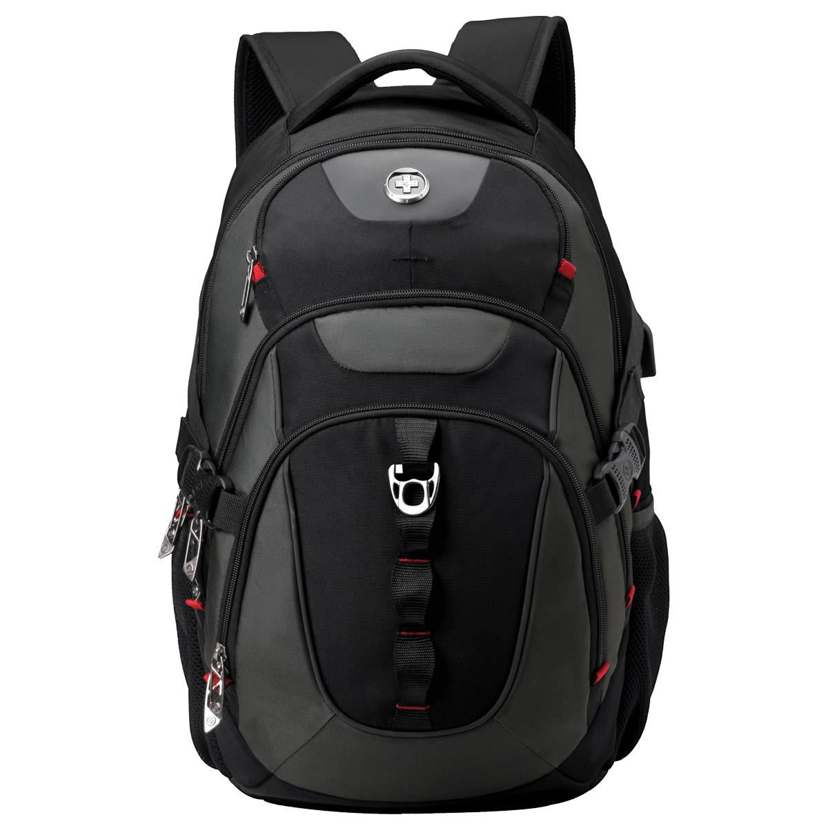 Black Swissdigital Vector Backpack with red accents and compartments