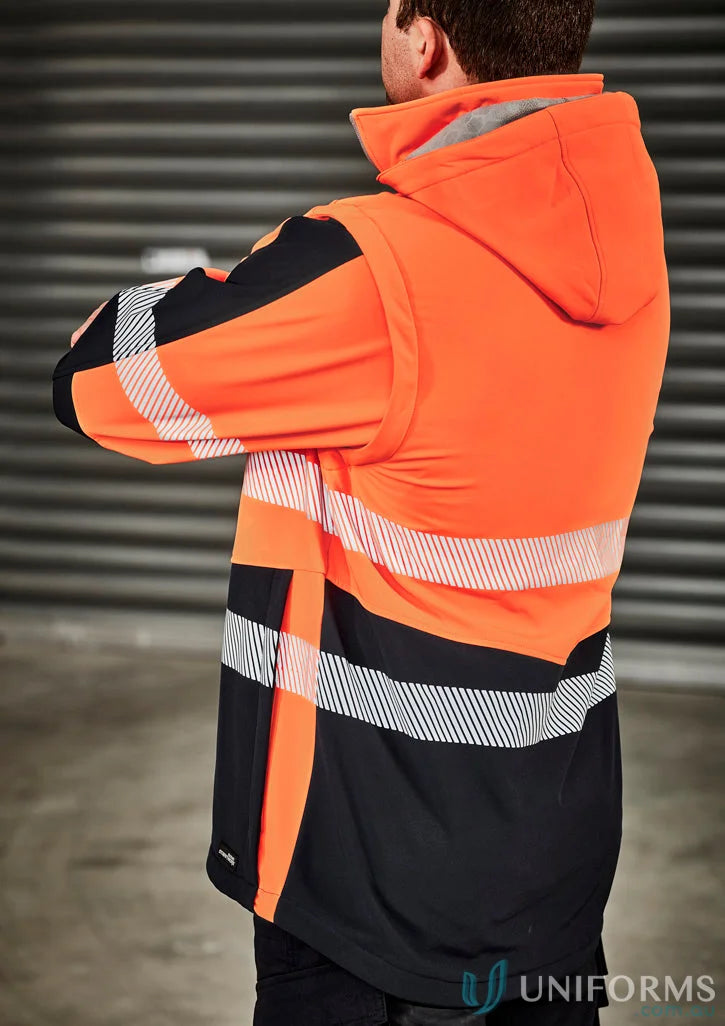 Orange and black high-visibility Syzmik Streetworx softshell jacket with 2-in-1 stretch design
