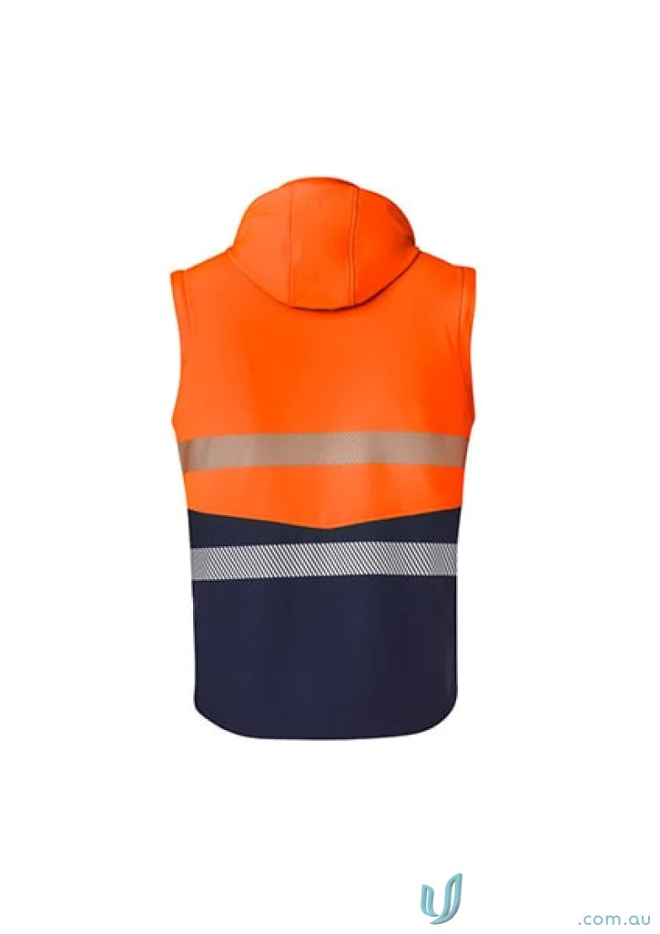 Orange and navy hooded safety vest on syzmik streetworx 2-in-1 stretch softshell jacket