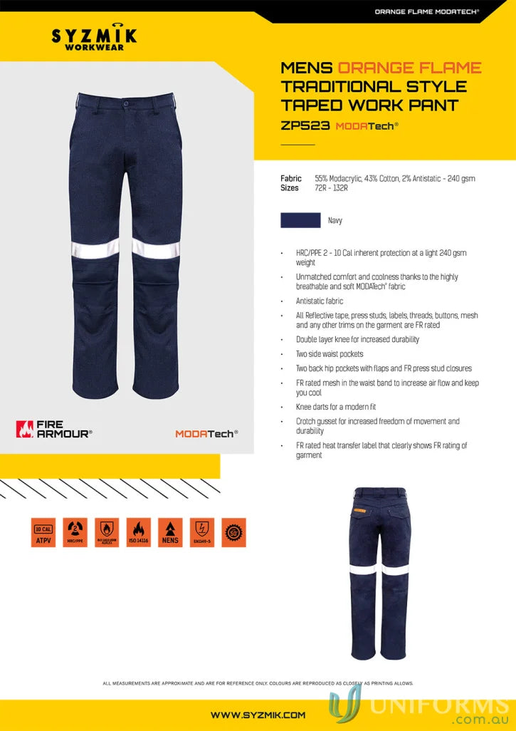 Navy blue work pants with traditional style taped design and reflective tape for safety