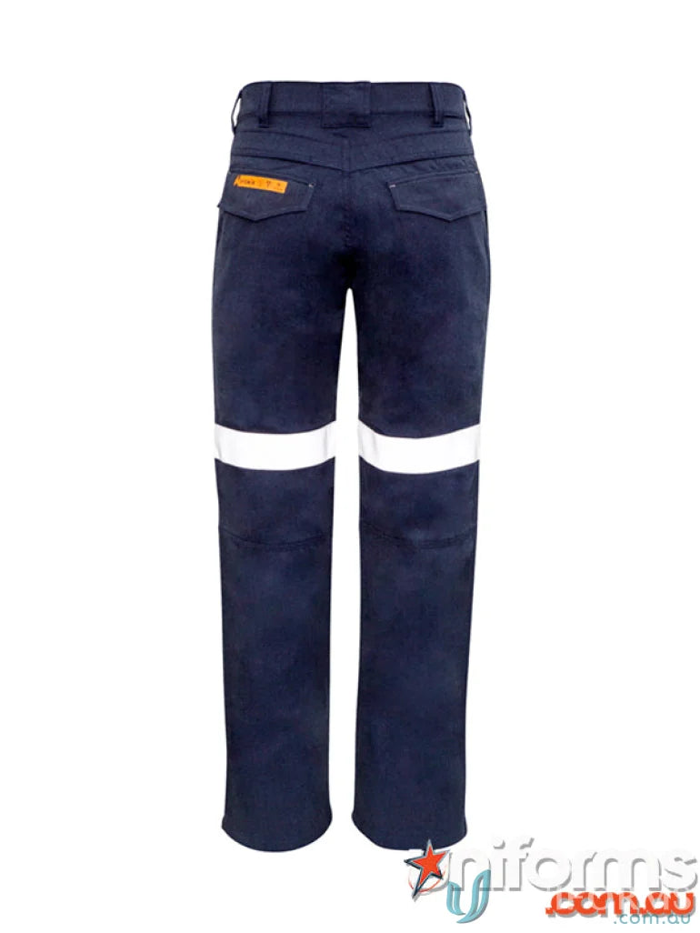 Navy blue work pants with reflective tape and traditional style taped crotch gusset